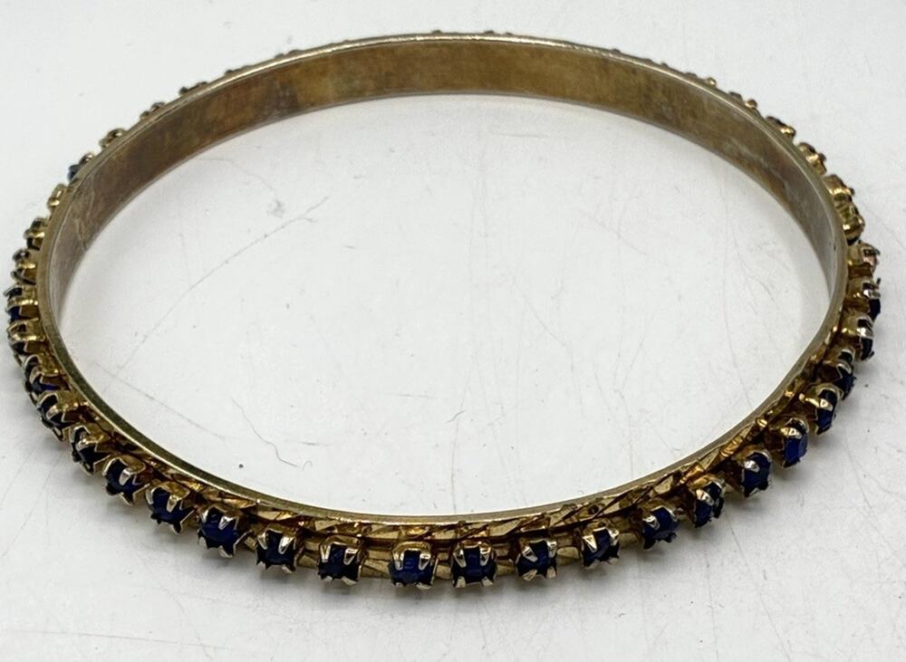 Vintage Gold Tone Blue Rhinestone Bangle Cobalt Eternity Bracelet Slip‑On